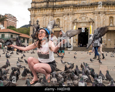 Bogota, Colombie - 30 Avril 2016 : Pigeons assis sur un touriste a été sur la place Bolivar à Bogota Banque D'Images