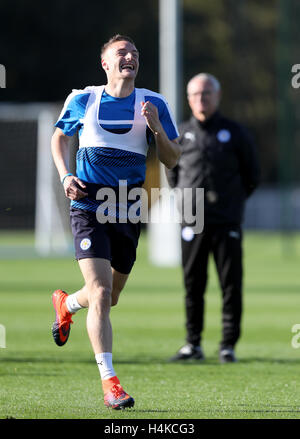 Leicester City's Jamie Vardy pendant une session de formation de l'avant de l'UEFA Champions League, groupe G, match au terrain d'entraînement d'entraînement de Belvoir, Leicester. Banque D'Images