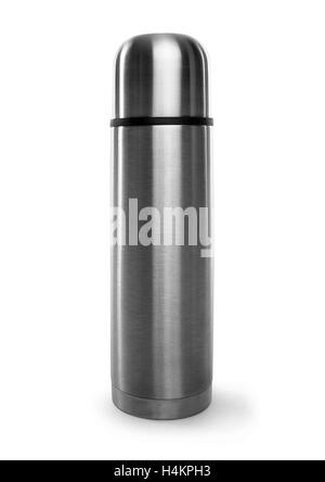 Thermos métal élégant sur un fond blanc. Banque D'Images