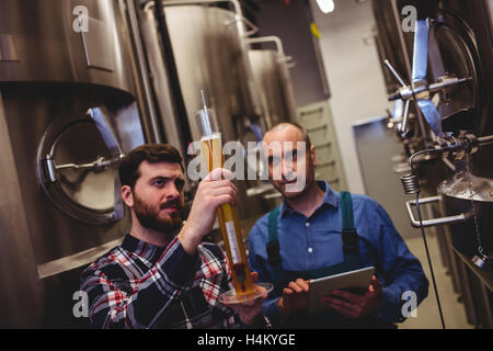 La bière dans l'inspection fabricant tube de travailleur Banque D'Images