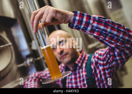 Propriétaire d'examiner la bière dans le tube de verre Banque D'Images