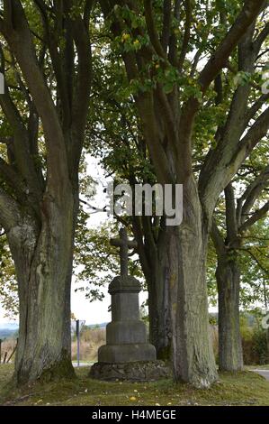 La hausse sur un socle de pierre bleue entre deux vieux chênes. Banque D'Images