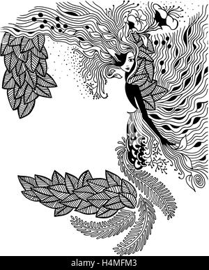 Vector illustration Tangle Zen portrait d'une femme dans une fleur. Doodle forêt, jardin. Livre de coloriage anti stress pour les adultes. Vector illustration noir et blanc. Illustration de Vecteur