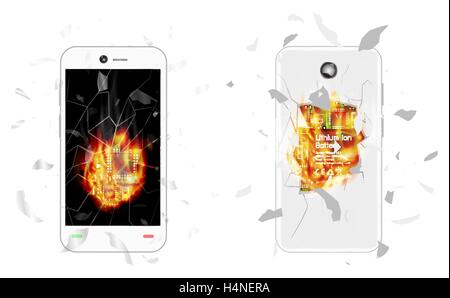 Smartphone cassé explosion avec un feu brûlant Illustration de Vecteur