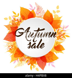 Abstraite automne bannière avec l'orange et le jaune les feuilles qui tombent. 'Autumn sale' le lettrage sur un fond rond blanc. Banque D'Images