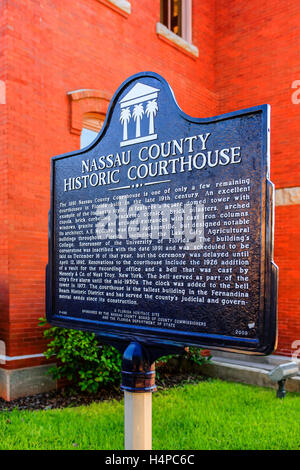 Nassau comté historique sis signe sur la rue Centre, au centre-ville de Baltimore City en Floride Banque D'Images