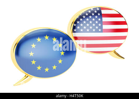 Les bulles, UE-USA concept de conversation. Le rendu 3D isolé sur fond blanc Banque D'Images
