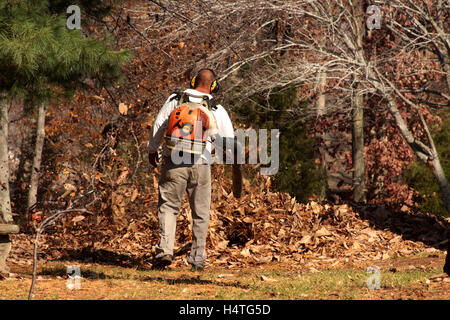 L'homme l'exploitation d'une souffleuse à feuilles à usage intensif Banque D'Images