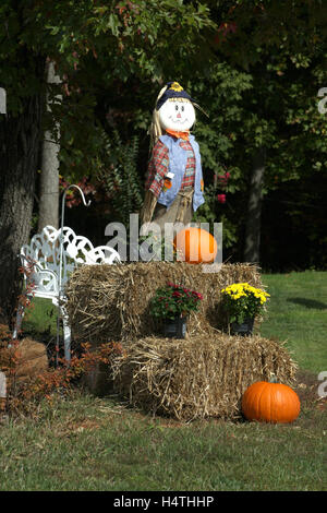 Décoration automne en plein air avec l'épouvantail, le foin, les mamans, et les citrouilles Banque D'Images