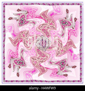 Foulard en Soie,tapis,textille Résumé fond graphique, carré motif géométrique avec cadre, tribal ornement ethniques. Bandana sh Banque D'Images