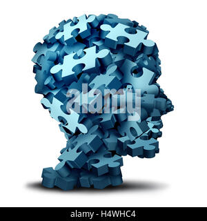 Puzzle psychologie concept comme un groupe d'illustration 3D de pièces de puzzle en forme de tête humaine comme un symbole de la santé mentale pour la psychiatrie ou la psychologie et du cerveau apparaît sur une backbround blanc. Banque D'Images