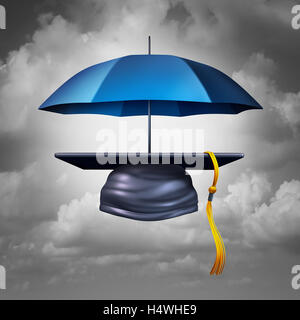 La protection de l'éducation et l'enseignement d'accueil pour l'alphabétisation et l'apprentissage comme une graduation hat cap mortier ou protégé par un parapluie comme un symbole de l'enseignement universitaire et d'assurer la sécurité aux élèves comme un 3D illustration. Banque D'Images
