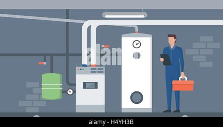 Système de chauffage dans la chambre sous-sol, un plumbler est l'installation et la vérification de la chaudière Illustration de Vecteur