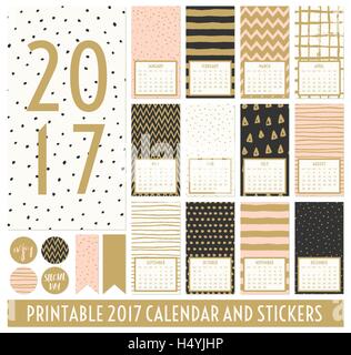 Douze mois 2017 Modèle de calendrier. Les schémas dessinés à la main, en noir, or, rose pastel et crème. Matching et autocollants ronds ribb Illustration de Vecteur