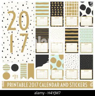 Douze mois 2017 Modèle de calendrier. Les schémas dessinés à la main, en noir, or, bleu pastel et de crème. Matching et autocollants ronds ribb Illustration de Vecteur