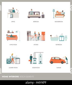 Conceptual home prix intérieurs avec les personnes, les objets et meubles : bureau, chambre, salle de bains, salon, cuisine, garage, la Illustration de Vecteur