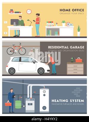 Vie Domestique et bannières pour chambre d'ensemble avec les gens : bureau, garage et chaufferie Illustration de Vecteur