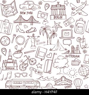 Tourisme et voyage un motif dessiné à la main avec les destinations de voyage Illustration de Vecteur