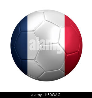 Le rendu 3D de ballon de soccer enveloppé dans le drapeau national de la France. Isolé sur blanc. Banque D'Images