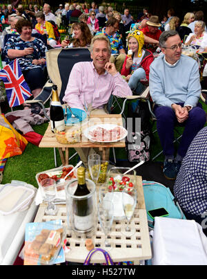 Les membres de l'assistance bénéficiant d''un pique-nique au Last Night of the Proms. Jardins publics d'Alton, Alton, Hampshire, Royaume-Uni, 9 juillet 2016. Banque D'Images