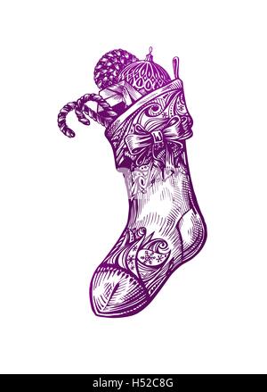 Chaussette de Noël avec des cadeaux. Croquis d'illustration vectorielle Illustration de Vecteur