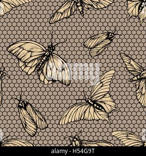 Transparente avec motif papillons vecteur sur net . Graphique élégant texture en treillis. Impression de répéter dans la couleur jaune de style ancien contexte Illustration de Vecteur