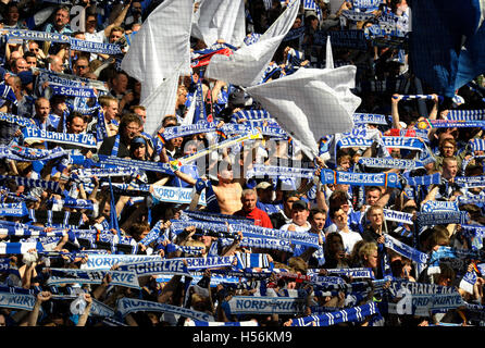 Les amateurs de football Schalke debout dans le bloc ventilateur Nordkurve, Gelsenkirchen, Rhénanie du Nord-Westphalie Banque D'Images