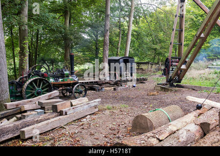 La mise sous tension du moteur de traction dans un racksaw woodyard à Weald et Downland Open Air Museum, Singleton, Sussex, Angleterre Banque D'Images