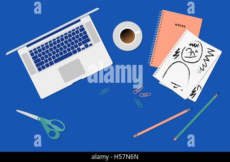 Série de télévision vector illustration du monde des affaires d'espace de travail. Vue de dessus de bureau avec ordinateur portable, objets de bureau et tasse de café Illustration de Vecteur