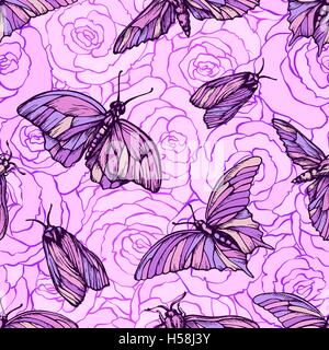 Motif transparent vecteur avec les papillons dans des couleurs roses sur les roses. Texture graphique élégant Illustration de Vecteur