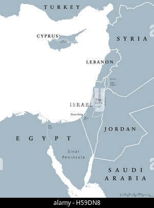 Carte politique de l'Est de la Méditerranée avec les frontières nationales. Nations Unies à l'est de la Méditerranée, levant aussi. Banque D'Images