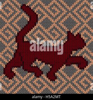 Tissu tricot seamless vector enfantin avec motif rouge foncé sur fond ornemental cat randonnée Illustration de Vecteur