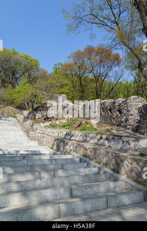 Escalier et ancienne forteresse Wall (Mur) ou de la ville dans une forêt verdoyante et luxuriante à la colline Namsan à Séoul, Corée du Sud. Banque D'Images