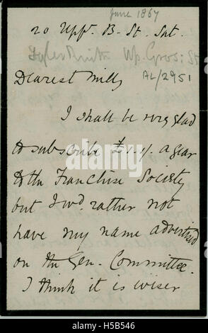 Une lettre d'Elizabeth Garrett Anderson à Millicent Garret Fawcett, discutant probablement de leur activisme commun et de leur implication dans les droits des femmes à la fin du XIXe siècle et au début du XXe siècle. Banque D'Images