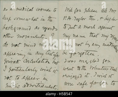 Une lettre ou un document historique d'Elizabeth Garrett Anderson à Millicent Garret Fawcett, deux figures éminentes du mouvement pour le suffrage féminin. La lettre fournit un aperçu de leur correspondance et des efforts communs pour les droits des femmes. Banque D'Images