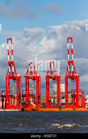 Grues à portique sur rail (CRMG) opérationnelles ; New Brighton, Liverpool, Royaume-Uni. Seaforth Dock et Container Port appelé Liverpool2. Banque D'Images