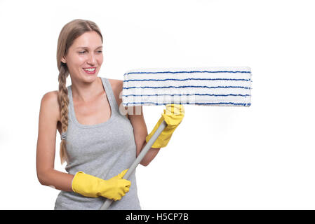 Concept de nettoyage. Souriant, heureux femme avec marbre rdp et des gants en caoutchouc jaune Banque D'Images