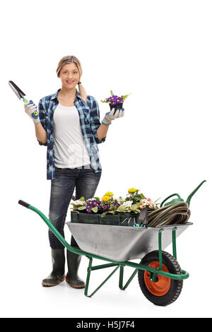 Chauffeur particulier femme debout derrière une brouette et tient une fleur dans un pot et un chat isolé sur fond blanc Banque D'Images