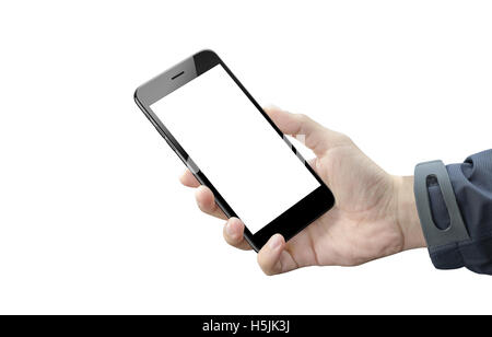 Smart phone dans la main de l'homme isolé. Écran blanc d'appareil mobile pour une maquette. Arrière-plan blanc. Banque D'Images