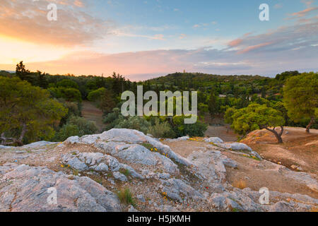 Vue de la colline de Filopappou aréopage hill, Athènes. Banque D'Images
