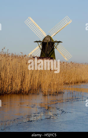 Herringfleet Moulin dans le brouillard verglaçant Banque D'Images