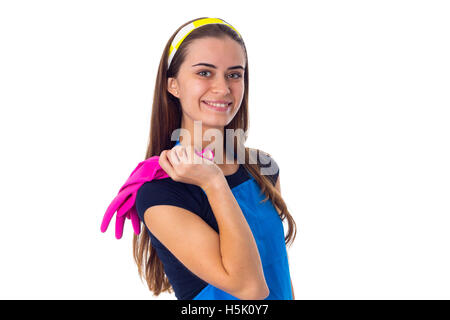 Femme en tablier gants holding Banque D'Images