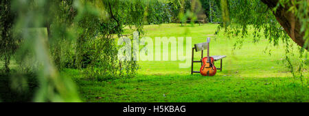 Rouge et jaune une guitare hofner appuyé contre le banc d'un parc sous des branches de saule pleureur Banque D'Images