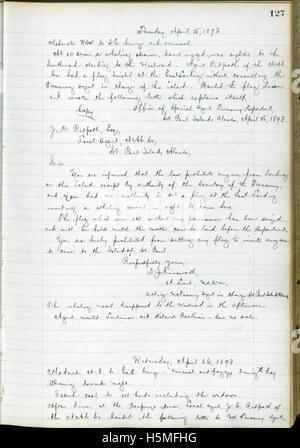 Cette entrée du Saint Paul Island Journal, page 127, fait partie du projet de numérisation de l'Alaska par les Archives nationales des États-Unis. Il conserve les documents historiques liés à l’histoire culturelle et environnementale de l’Alaska. Banque D'Images