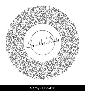 Vector illustration d'ornement rond modèle floral avec des fleurs, des feuilles et des coeurs pour les invitations de mariage et carte de souhaits Illustration de Vecteur