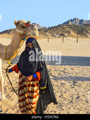 La jeune fille-chamelier bédouin du village de désert du Sahara avec son chameau, Hurghada, Egypte. Banque D'Images