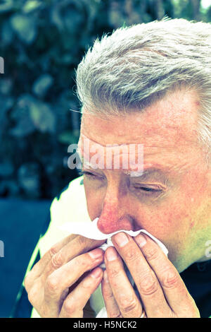 Homme âgé souffrant d'allergies saisonnières, USA Banque D'Images