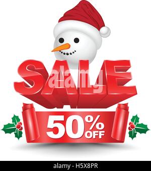 Vente de Noël 3D 50 % off bannière rouge avec tête d'homme de la neige pour Noël promotion publicité. Vector illustration. Illustration de Vecteur