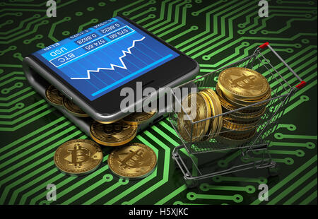 Concept de porte-monnaie virtuel avec des Bitcoins et panier vert sur circuit imprimé. Banque D'Images