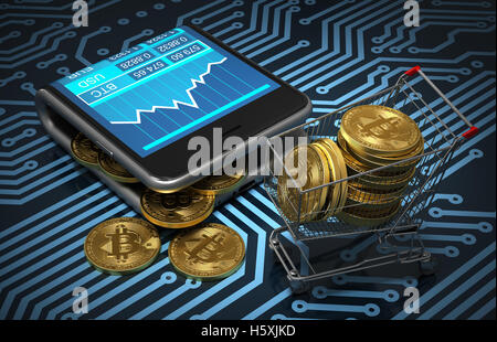 Concept de porte-monnaie virtuel avec des Bitcoins et Panier sur circuit imprimé Banque D'Images